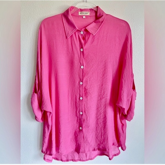 Anna-Kaci Tops - Anna-Kaci Hot Pink Button Down Boyfriend Shirt Roll Tab‎ Coverup Blouse Size L